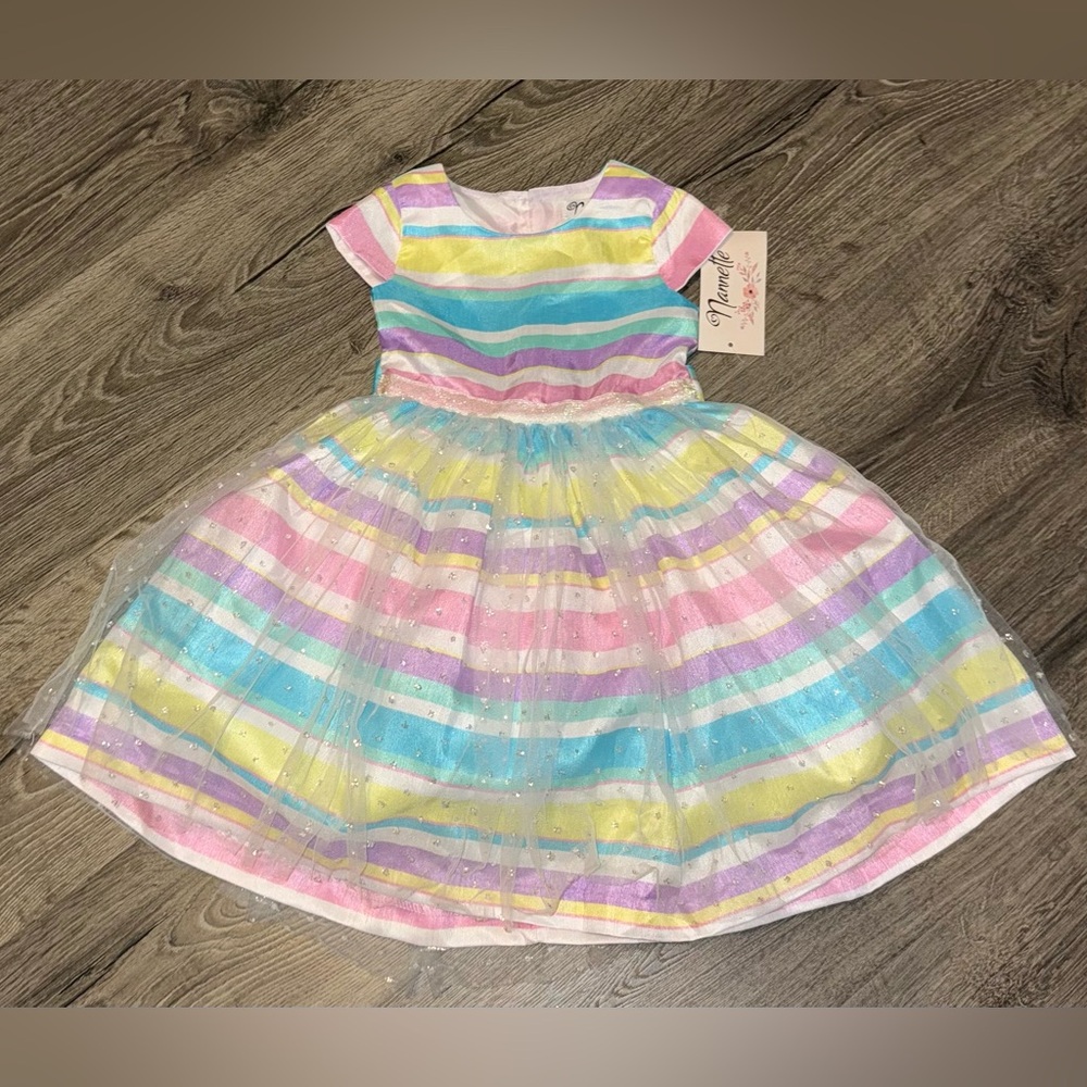 Nanette Dress Layered Striped Easter Party Size 3T Yellow Pink Lavender